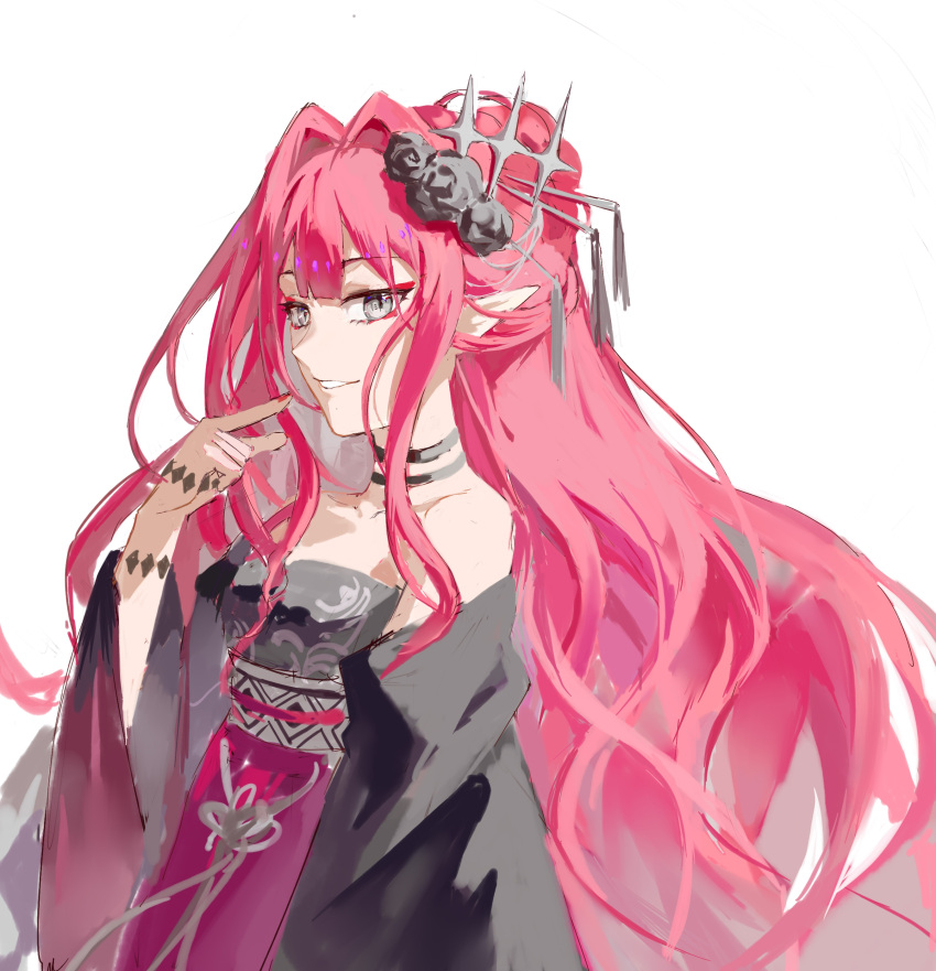 absurdres baobhan_sith_(dream_portrait)_(fate) baobhan_sith_(fate) bare_shoulders black_flower black_kimono breasts choker fate/grand_order fate_(series) female flower grey_eyes hair_flower hair_ornament hand_up highres hookyourist japanese_clothes kimono long_hair looking_at_viewer parted_lips pink_hair pointy_ears red_kimono red_nails sidelocks smile solo white_background wide_sleeves