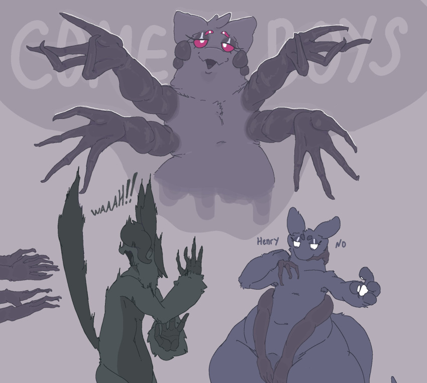 2024 4_arms 4_fingers ambiguous_gender anthro anthro_on_anthro arachnid armpit_hair arthropod avian biped bird black_body black_eyes black_fur black_hair body_hair dimitry_(itisd) dimka_(itisd) english_text exclamation_point fingers front_view fur group hair hand_on_crotch henry_(itisd) hi_res itisd9 long_arms long_fingers looking_down male_(lore) monster multi_arm multi_limb navel nude open_mouth owel_(itisd) pawpads purple_sclera questionable_consent raised_tail scared scared_shitless side_view simple_background slim spider standing surprised_expression tail text thick_thighs trio white_pawpads wide_hips