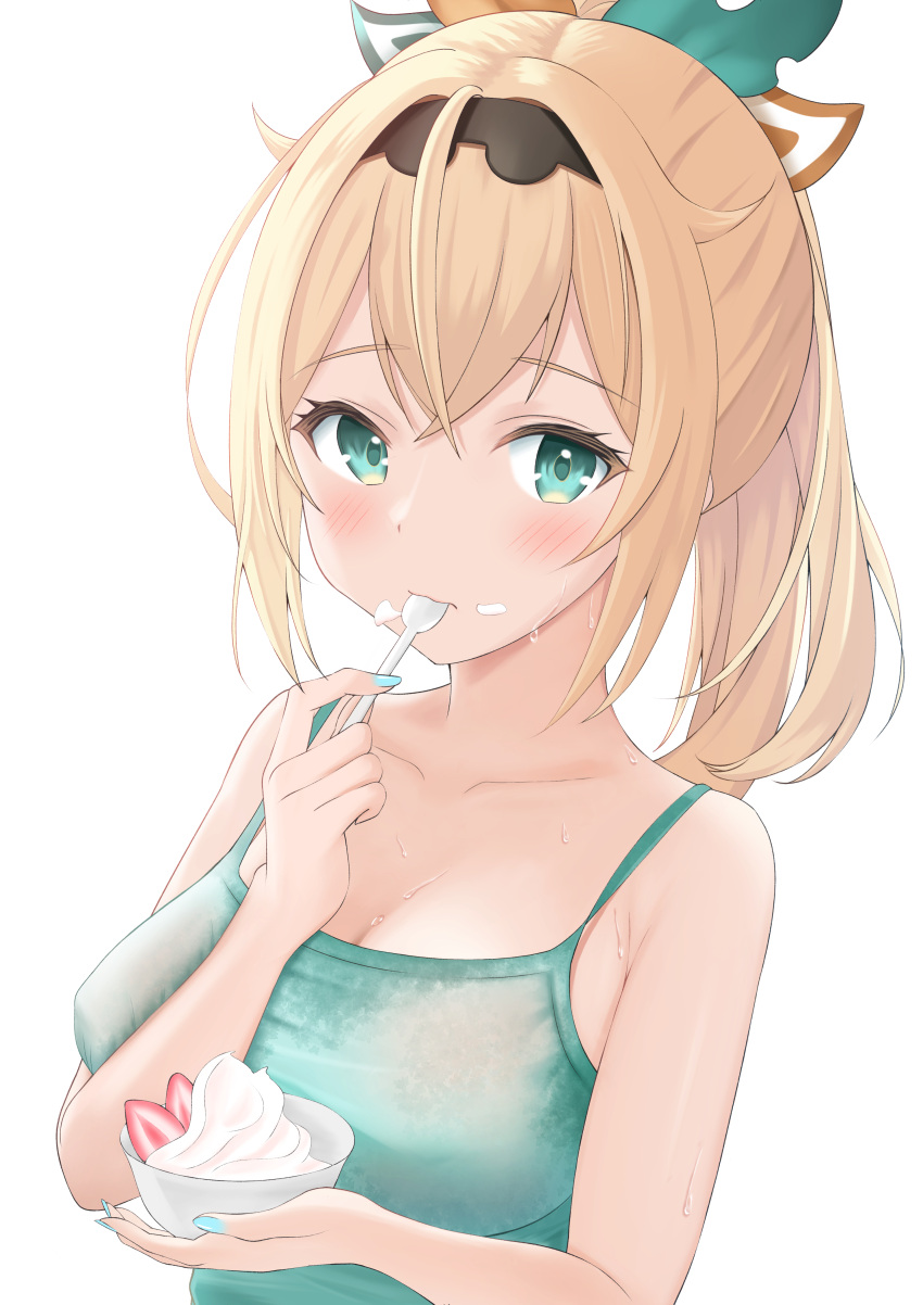 absurdres blonde_hair blue_nails blush camisole cream cream_on_face female food food_on_face fruit green_camisole green_eyes highres holding holding_spoon hololive kazama_iroha seriponpoyon spoon strawberry sweat utensil_in_mouth virtual_youtuber whipped_cream white_background