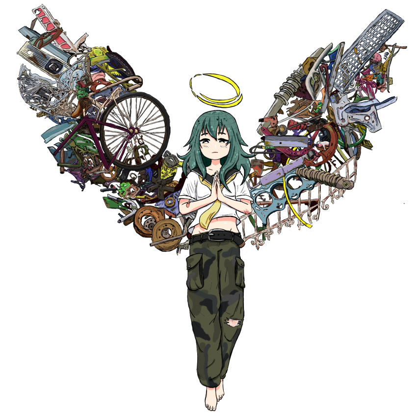 bandaid bandaid_on_arm barefoot belt belt_buckle black_belt black_sailor_collar breasts bright_pupils buckle camouflage camouflage_pants closed_mouth collarbone commentary english_commentary eyebrows_hidden_by_hair fake_wings full_body green_eyes green_hair green_pants groin hair_between_eyes half-closed_eyes halo hamadosuke hands_up highres indie_virtual_youtuber junk ljot_swanhild long_hair looking_at_viewer midriff navel neckerchief open_hands own_hands_together pants sailor_collar scrape shirt short_sleeves simple_background small_breasts straight-on torn_clothes torn_pants virtual_youtuber white_background white_pupils white_shirt wings yellow_neckerchief