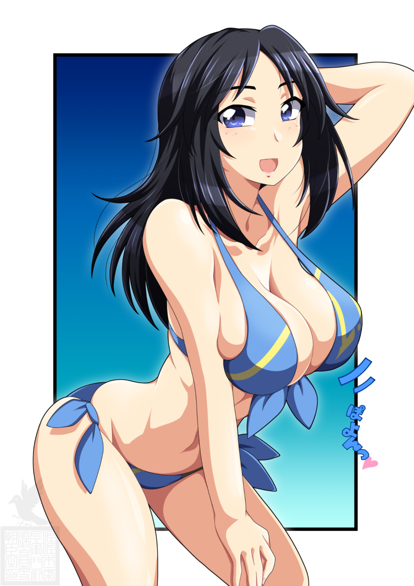 arm_behind_head artist_logo bikini blue_bikini blue_eyes blue_hair breasts cleavage commentary cowboy_shot female freckles front-tie_bikini_top front-tie_top girls_und_panzer halterneck hand_on_own_thigh highres ichijou_takakiyo large_breasts leaning_forward long_hair looking_at_viewer navel open_mouth outside_border side-tie_bikini_bottom smile solo standing swimsuit yamagou_ayumi