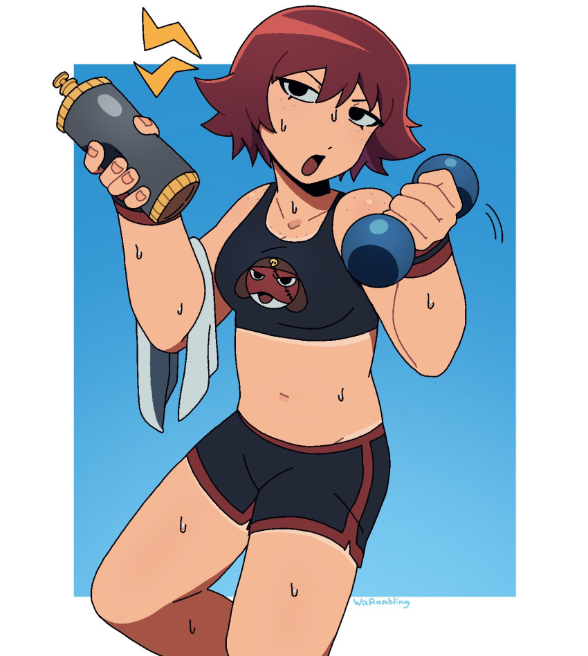 black_eyes black_sports_bra blue_background border breasts cameo cleavage commentary cowboy_shot english_commentary exercising female freckles giroro highres holding keroro_gunsou kim_pine navel red_hair scott_pilgrim_(series) short_hair shorts simple_background solo sports_bra standing sweat warambling weightlifting white_border