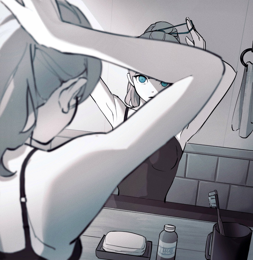 armpits arms_up bar_soap bare_arms bare_shoulders bathroom blue_eyes blurry blurry_foreground bottle breasts camisole cup depth_of_field female from_behind greyscale hair_between_eyes hair_tie high_ponytail highres indoors kimura_731 long_hair looking_ahead looking_at_mirror medium_breasts mirror monochrome mug o-ring original parted_lips ponytail reflection shade solo spot_color tile_wall tiles toothbrush towel towel_rack tying_hair upper_body wall