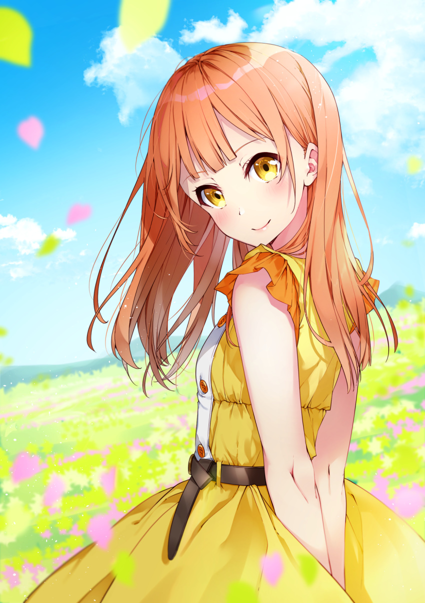 arms_behind_back bare_arms bare_shoulders blue_sky blush bon_(bonbon315) breasts brown_hair closed_mouth cloud commentary day dress female field flower flower_field from_side highres long_hair looking_at_viewer looking_to_the_side orange_dress orange_eyes original outdoors sky sleeveless sleeveless_dress small_breasts smile solo yellow_flower