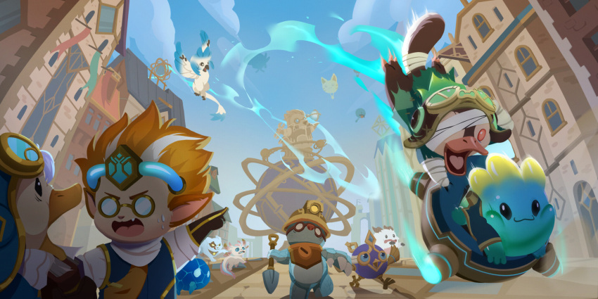 bandages bird blonde_hair brown_gloves city closed_mouth commentary_request day feline gloves griffin heart highres holding holding_shovel house league_of_legends little_legend oerba_yun_fang open_mouth outdoors penguin poro_(league_of_legends) shovel smile statue sweat tail teamfight_tactics teeth white_hair yangyexin