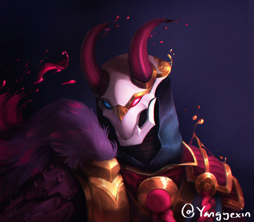 1boy armor blood_moon_jhin blue_eyes fur_trim glowing glowing_eyes gradient_background heterochromia highres horns jhin league_of_legends male_focus red_eyes solo twitter_username yangyexin