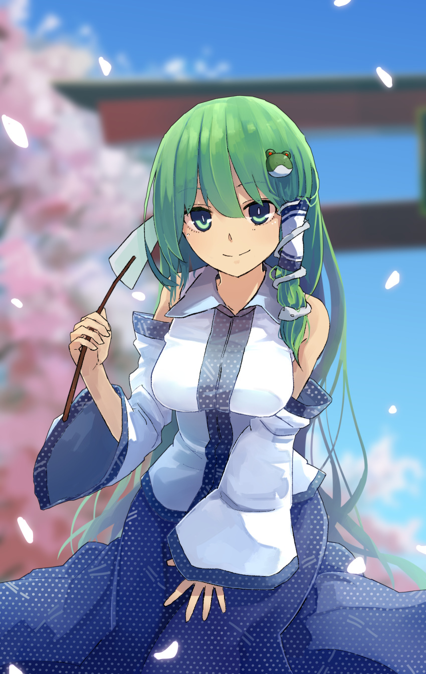 aqua_eyes blue_eyes blue_skirt blurry blurry_background breasts bright_pupils closed_mouth collared_shirt day depth_of_field detached_sleeves feet_out_of_frame female frog_hair_ornament futatsuki_eru gohei green_hair hair_ornament hair_tubes highres holding kochiya_sanae large_breasts long_skirt long_sleeves looking_at_viewer outdoors petals polka_dot polka_dot_skirt shirt single_sleeve skirt smile snake_hair_ornament solo spring_(season) standing torii touhou tree unmoving_pattern white_shirt wide_sleeves