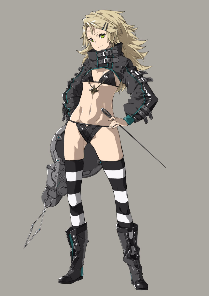 black_footwear blonde_hair commentary_request female green_eyes grey_background hair_ornament hairclip highres long_hair midriff navel original scar simple_background solo striped_clothes striped_thighhighs thighhighs yoshimaro