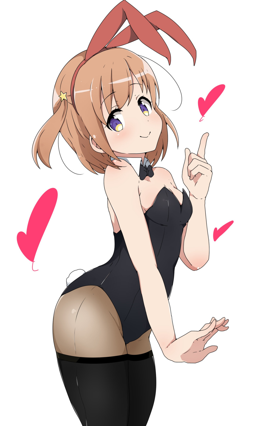 absurdres animal_ears bare_shoulders black_legwear black_leotard blue_eyes blush bow bowtie breasts brown_hair cleavage commentary_request fake_animal_ears female groin hair_ornament heart highres koisuru_asteroid konohata_mira leotard looking_at_viewer pantyhose playboy_bunny rabbit_ears rabbit_tail riyo_(aokiwazumi) short_hair simple_background small_breasts smile solo star_(symbol) star_hair_ornament tail thighhighs thighhighs_over_pantyhose white_background