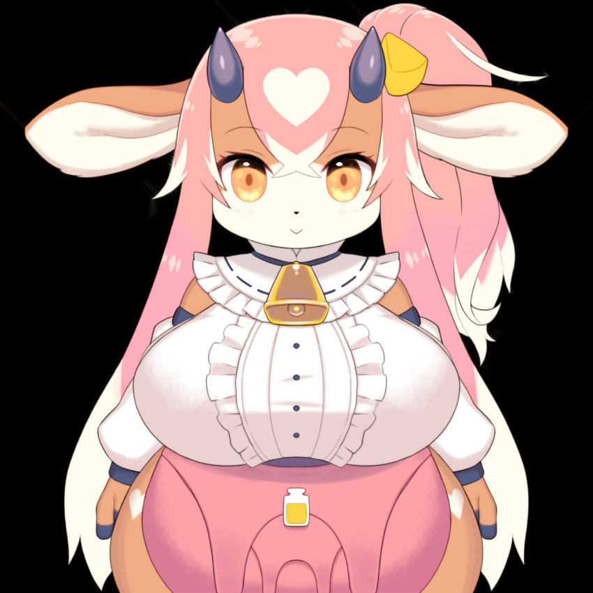 1:1 2021 accessory anthro bell big_breasts black_background bovid bovine breasts cattle clothed clothing cowbell digital_drawing_(artwork) digital_media_(artwork) fanny_pack female female_anthro fingers hair hair_accessory half-length_portrait heart_symbol hi_res horn huge_breasts kemono long_hair maid_uniform mammal mo-mo_(mochi_tap_wonderland) mochi_tap_wonderland pink_hair portrait shaded simple_background smile solo uniform wide_hips wkar yellow_eyes