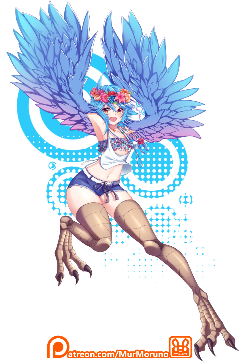 :d absurdres ahoge blue_hair blue_wings breasts commentary commission digitigrade feathered_wings feathers female flower full_body hair_between_eyes hair_ornament happy harpy head_wreath highres jewelry miniskirt monster_girl monster_musume_no_iru_nichijou murmoruno navel necklace open_mouth orange_eyes papi_(monster_musume) short_hair simple_background skirt small_breasts smile solo talons thighs watermark web_address winged_arms wings