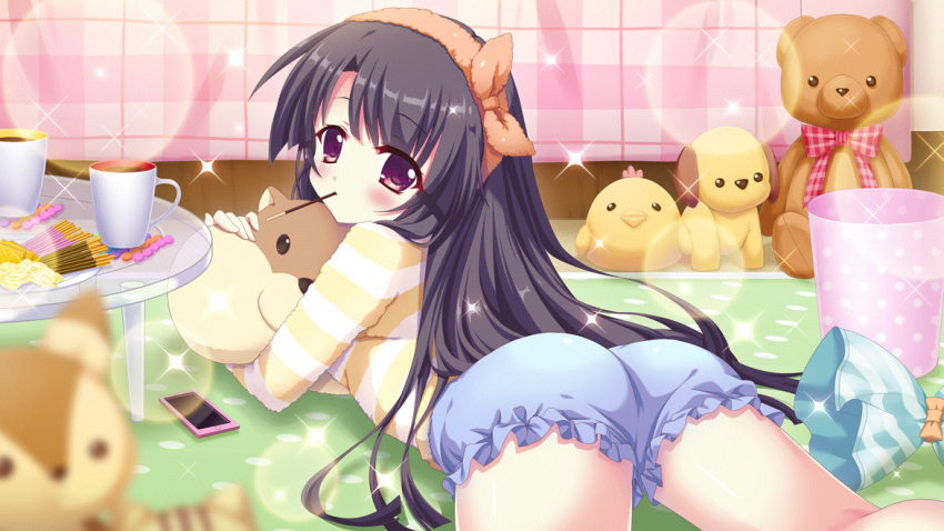 ass black_hair blue_shorts blurry blurry_foreground bow bowtie cellphone coaster cracker cup dot_nose female film_grain food food_in_mouth frilled_shorts frills from_behind game_cg glass_table hairband hugging_object ichikishima_mizuha izumi_tsubasu lens_flare long_hair looking_at_viewer looking_back lying non-web_source official_art on_floor on_stomach phone plaid plaid_bow plaid_bowtie pocky pocky_in_mouth polka_dot purple_eyes re:stage! red_bow red_bowtie red_hairband rug short_shorts shorts smartphone solo sparkle straight_hair striped_clothes striped_sweater stuffed_animal stuffed_toy sweater table teddy_bear thighs trash_can two-tone_sweater white_sweater yellow_sweater