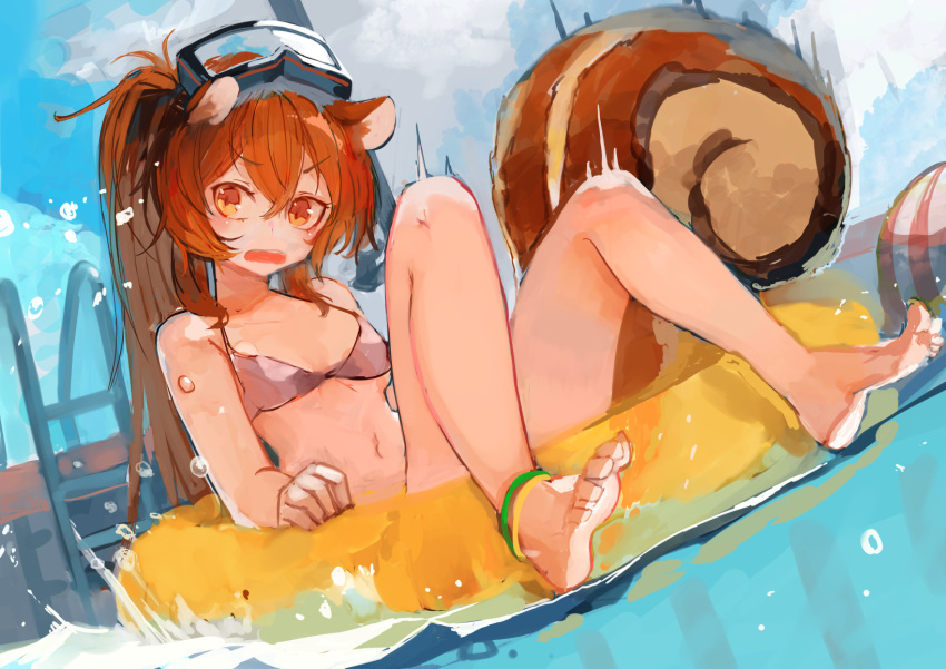 animal_ears bare_arms bare_legs bare_shoulders barefoot bikini breasts brown_bikini brown_eyes brown_hair commentary_request commission day female goggles goggles_on_head hair_between_eyes highres innertube knees_up long_hair looking_at_viewer nagasawa_tougo navel open_mouth original outdoors park_bokja pixiv_commission ponytail pool pool_ladder small_breasts soles solo squirrel_ears squirrel_girl squirrel_tail swim_ring swimsuit tail v-shaped_eyebrows very_long_hair water