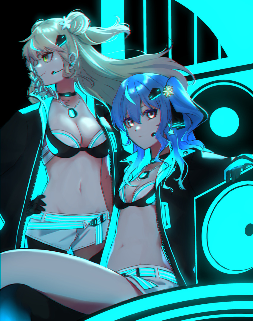 2girls bikini bikini_shorts bikini_under_clothes black_bikini black_choker black_gloves black_jacket blonde_hair blue_hair breasts choker closed_mouth commentary_request dance_on_the_galaxy_(idolmaster) dog_tags double_bun earphones floating_hair flower gloves glowing_clothes green_eyes hair_between_eyes hair_bun hair_flower hair_ornament hand_on_own_hip highres hololive hoshimachi_suisei idolmaster idolmaster_shiny_colors jacket jewelry long_hair long_sleeves looking_at_viewer looking_away medium_breasts microphone momosuzu_nene multiple_girls navel necklace no_shirt one_side_up open_clothes open_jacket profile saco_(cgmore) short_shorts shorts single_leg_pantyhose small_breasts star_(symbol) star_hair_ornament stomach swimsuit virtual_youtuber white_shorts zipper