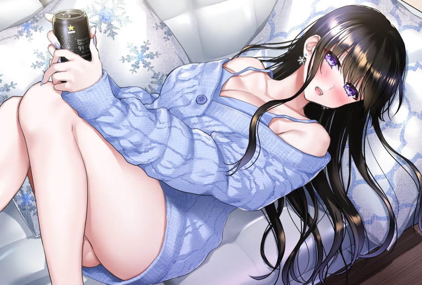 abe_hikaru alcohol ass black_hair blue_nails blue_sweater blue_tank_top blush breasts buttons can cleavage couch dress drink_can female highres holding knees_together_feet_apart large_breasts long_hair lying nail_polish off-shoulder_sweater off_shoulder open_mouth original pillow purple_eyes sidelocks soda_can solo sweater sweater_dress tank_top teeth thighs upper_teeth_only