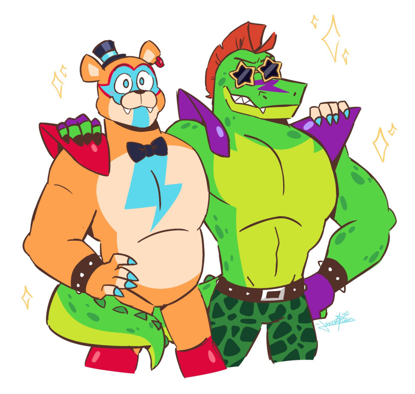 2022 5_fingers abs alligator alligatorid anthro arm_around_back arm_around_partner bear belt black_bow_tie blue_eyes bottomwear bow_tie boyfriends bracelet claws clothing countershading crocodilian digital_media_(artwork) duo ear_piercing eyewear fangs fingers five_nights_at_freddy's five_nights_at_freddy's:_security_breach fur glamrock_freddy glasses green_body green_bottomwear green_clothing hair hand_on_shoulder hat headgear headwear hi_res javigameboy jewelry male male/male mammal mohawk montgomery_gator muscular muscular_anthro muscular_male pecs piercing red_hair reptile scalie scottgames sharp_teeth shirtless simple_background sparkles spiked_bracelet spikes standing star star_glasses steel_wool_studios tail tail_around_waist tan_body tan_fur teeth top_hat white_background