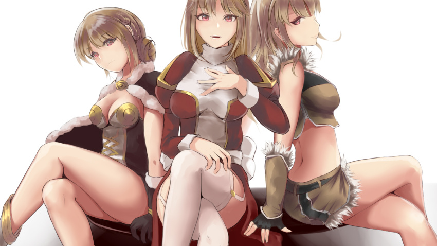 3girls :d back_bow black_cape black_gloves blonde_hair bow braid breasts brown_shorts cape cecil_damon cleavage closed_mouth crossed_legs dress fingerless_gloves fur-trimmed_cape fur-trimmed_shorts fur_trim garter_straps gloves gold_trim hair_bun hand_on_own_chest high_priest_(ragnarok_online) high_wizard_(ragnarok_online) juliet_sleeves kathryne_keyron long_hair long_sleeves looking_at_viewer margaretha_sorin medium_breasts multiple_girls open_mouth pink_eyes puffy_sleeves ragnarok_online red_dress sail_(sail-away) sash short_hair shorts simple_background sitting sleeve_cuffs smile sniper_(ragnarok_online) teeth thighhighs turtleneck turtleneck_dress two-tone_dress upper_teeth_only white_background white_bow white_dress white_sash white_thighhighs