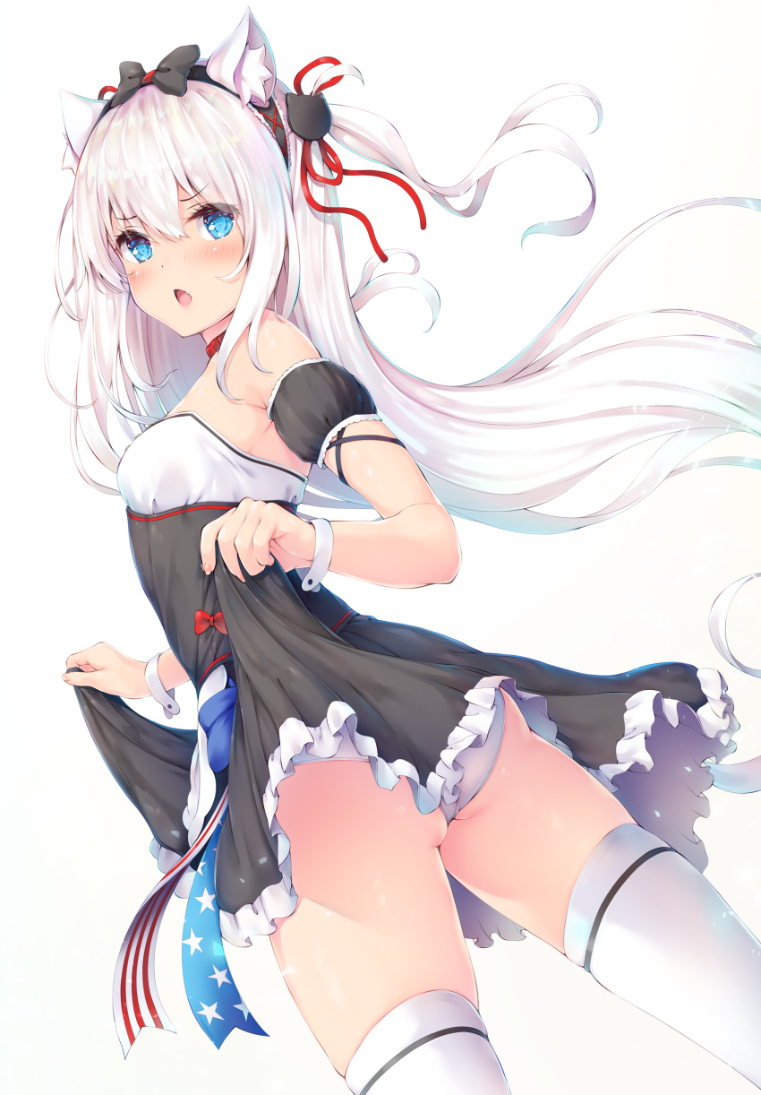 absurdres american_flag american_flag_print animal_ears azur_lane bare_shoulders blue_eyes blush bow breasts cat_ears chestnut_mouth choker cowboy_shot detached_sleeves dress fake_animal_ears female flag_print hair_ornament hair_ribbon hairbow hammann_(azur_lane) hammann_(retrofit)_(azur_lane) highres lifting_own_clothes long_hair looking_at_viewer nakazawa_aki open_mouth panties pantyshot photoshop_(medium) puffy_short_sleeves puffy_sleeves red_choker ribbon short_sleeves simple_background small_breasts solo standing strapless strapless_dress thighhighs underwear very_long_hair white_background white_hair white_thighhighs wrist_cuffs