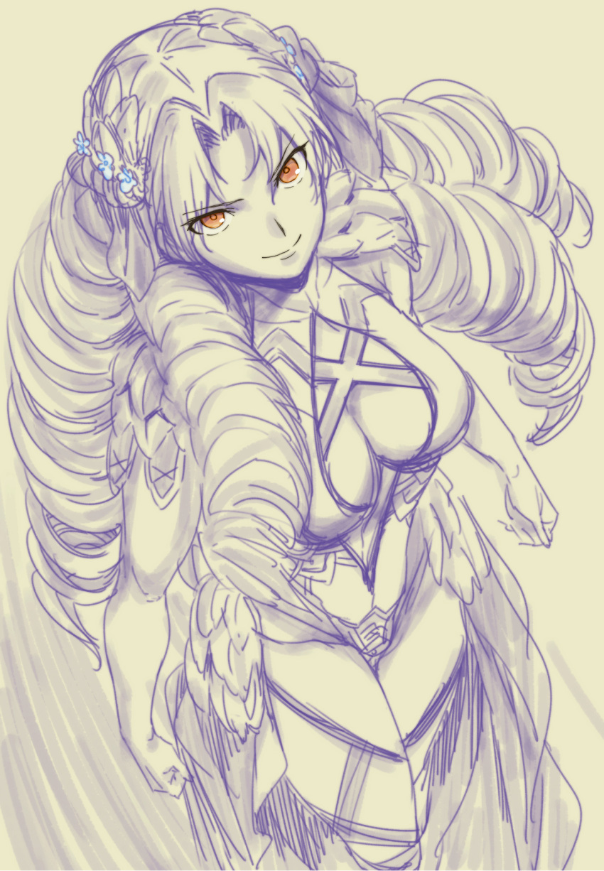 aoba_(smartbeat) astraea_(fate) astraea_(festival_outfit)_(fate) big_hair breasts cleavage clenched_hands drill_hair fate/grand_order fate_(series) female flower greyscale hair_flower hair_ornament highres large_breasts long_hair looking_at_viewer monochrome quad_drills smile solo spot_color very_long_hair yellow_eyes