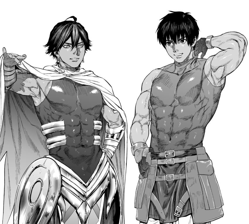 2boys abs ahoge arash_(fate) armor armpits belt cape covered_abs covered_navel dark-skinned_male dark_skin earrings egyptian egyptian_clothes fate/grand_order fate_(series) gloves greyscale grin hair_between_eyes hand_on_own_hip highres jewelry kimidake male_focus monochrome multiple_boys muscular muscular_male ozymandias_(fate) shiny_clothes short_hair skin_tight smile white_cape