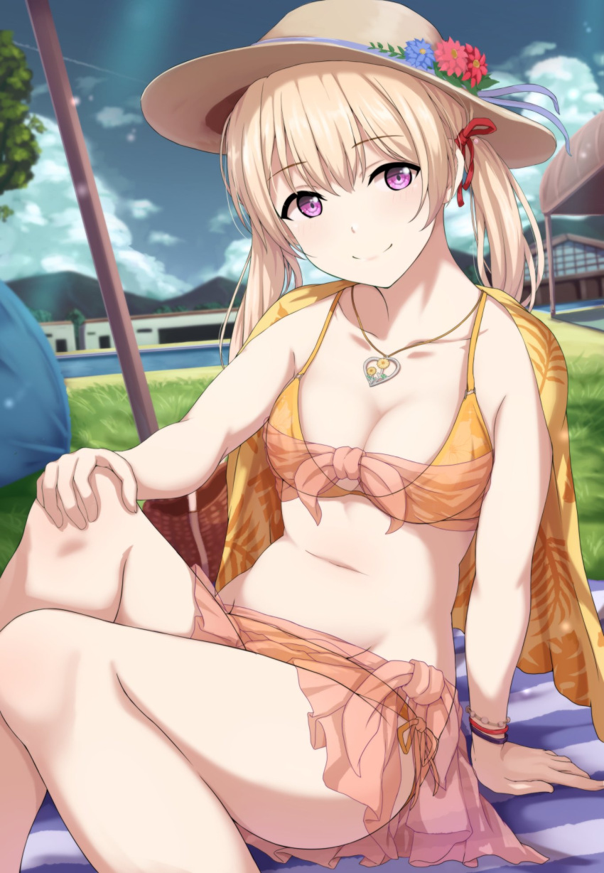 bad_id bad_twitter_id bang_dream! bare_arms bead_bracelet beads bikini blonde_hair bracelet breasts cleavage female flower hat hat_flower highres jewelry long_hair looking_at_viewer medium_breasts narafume navel necklace orange_bikini outdoors purple_eyes sarong see-through shirasagi_chisato shirt_on_shoulders sitting smile solo stomach string_bikini sun_hat swimsuit thighs twintails