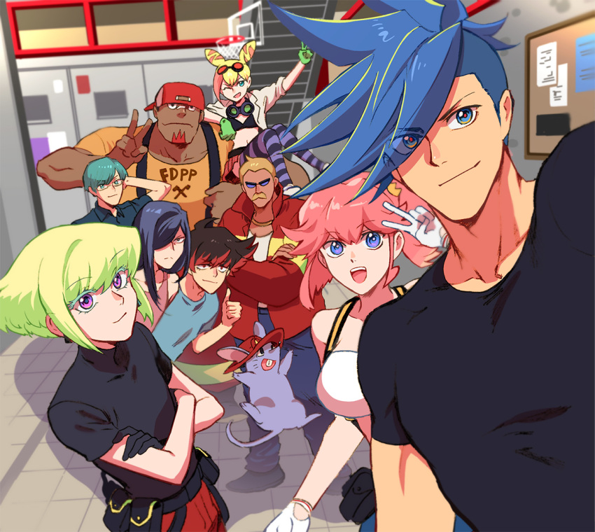 aina_ardebit asymmetrical_hair bae_(baebae) black_shirt blonde_hair blue_eyes blue_hair crossed_arms everyone firefighter galo_thymos green_hair gueira ignis_ex lio_fotia lucia_fex mad_burnish meis_(promare) mouse_(animal) pink_hair promare purple_eyes remi_puguna shirt sidecut spiked_hair stairs t-shirt undercut vinny_(promare)