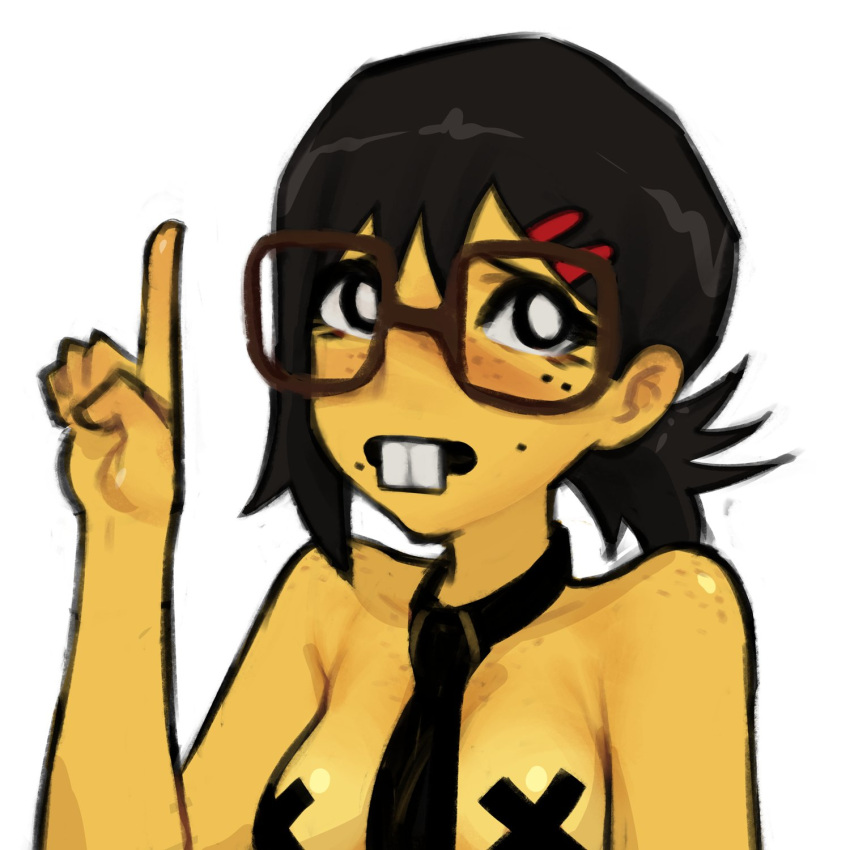 black_hair black_necktie breasts buck_teeth chainsaw_man colored_skin female glasses gurumo_(twitter) higashiyama_kobeni highres looking_at_viewer meme mole mole_on_cheek mole_under_mouth multiple_moles necktie nerd_emoji pasties pointing pointing_up shirt short_hair short_ponytail simple_background single_sidelock small_breasts solo tape tape_on_nipples teeth white_background yellow_skin