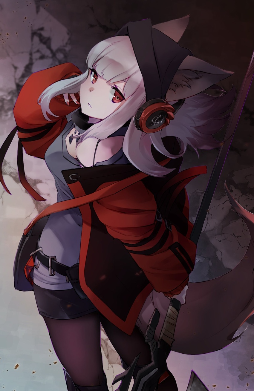 animal_ears arknights axe black_skirt chinese_commentary commentary e-bushi female fox_ears fox_girl fox_tail from_above from_behind frostleaf_(arknights) grey_shirt hand_up headphones highres holding holding_axe jacket long_hair long_sleeves looking_at_viewer material_growth off-shoulder_shirt off_shoulder oripathy_lesion_(arknights) oversized_clothes pantyhose parted_lips pocket pouch red_eyes red_jacket red_nails rock see-through see-through_legwear shirt sidelocks skirt solo tail white_hair woollen_cap