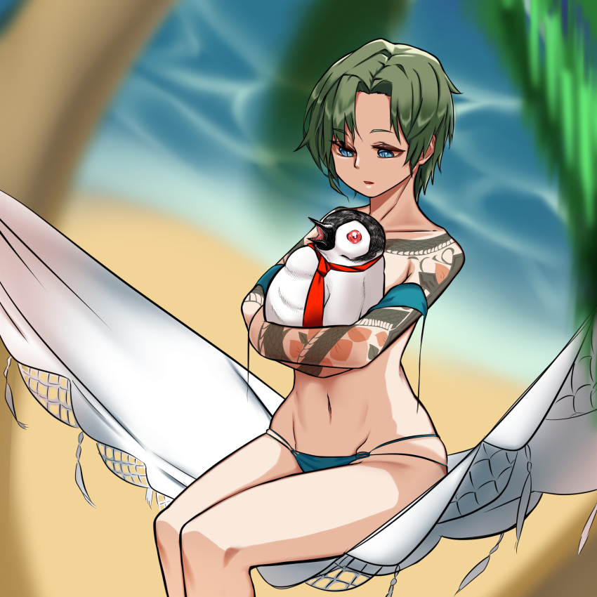 animal_hug arm_tattoo beach bikini bird black_survival blue_background blue_bikini blue_eyes blurry blurry_background commentary_request feet_out_of_frame female green_hair hammock highres lenox_(black_survival) navel necktie open_mouth palm_tree parted_bangs penguin red_necktie rinyamame sand short_hair sitting snake_tattoo solo swimsuit tattoo tree water