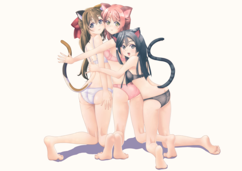 3girls animal_ears azuna_(love_live!) back barefoot black_bra black_eyes black_hair black_panties blue_eyes bow bra breasts brown_eyes brown_hair butt_crack cat_ears cat_tail closed_mouth commentary_request feet girl_sandwich hairbow half_updo hug jou_(circlemay) kemonomimi_mode kneeling leaning_forward legs long_hair looking_at_viewer looking_back love_live! love_live!_nijigasaki_high_school_idol_club medium_breasts medium_hair multiple_girls open_mouth osaka_shizuku panties panty_pull partial_commentary pink_bra pink_hair pink_panties red_bow sandwiched shadow simple_background small_breasts smile soles tail toes uehara_ayumu underwear underwear_only white_background white_bra white_panties yuki_setsuna_(love_live!)