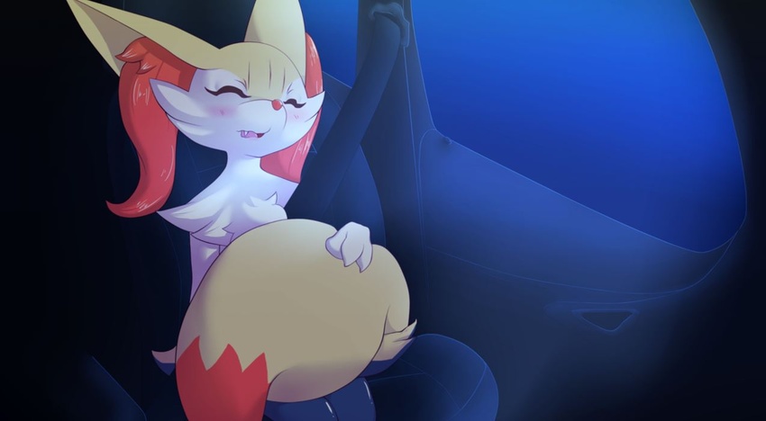 ambiguous_gender anthro black_body black_fur blush braixen canid canine car cheek_tuft chest_tuft facial_tuft fluffy fluffy_tail fox fur generation_6_pokemon indarkwaters inner_ear_fluff inside mammal nintendo pokemon pokemon_(species) red_body red_fur relaxing sitting sleeping tail tuft vehicle yellow_body yellow_fur