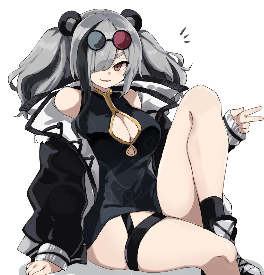 animal_ears arknights bad_id bad_twitter_id bare_legs black_dress black_hair black_jacket black_socks blush breasts china_dress chinese_clothes cleavage cleavage_cutout clothing_cutout commentary dress eyewear_on_head feater_(arknights) female freenote_mr grey_hair hair_over_one_eye highres jacket long_hair looking_at_viewer medium_breasts multicolored_hair oerba_yun_fang off_shoulder open_clothes open_jacket panda_ears parted_lips red_eyes round_eyewear short_dress simple_background sitting skin_fang skindentation sleeveless sleeveless_dress sleeves_past_wrists smile socks solo streaked_hair sunglasses thigh_strap thighs tinted_eyewear twintails two-tone_hair v white_background