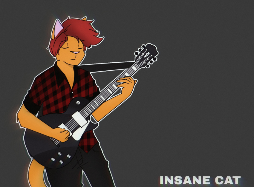 anthro clothing felid feline fur guitar hair insanecat male mammal musical_instrument orange_body orange_fur pattern_clothing pattern_shirt pattern_topwear plucked_string_instrument red_hair shirt smile solo string_instrument topwear