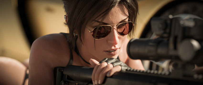 1girls 3d absurd_res aviator_sunglasses brown-tinted_eyewear earrings female female_only fingerless_gloves glasses high_resolution highres kisxsfm lara_croft lara_croft_(survivor) sniper_rifle solo sunglasses tagme tinted_eyewear tomb_raider