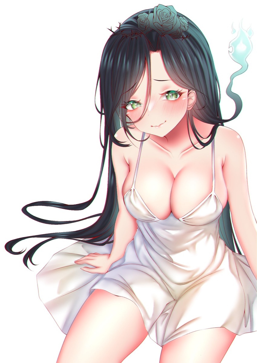 algorhythm_project bare_legs black_hair breasts commission dress evalia_(algorhythm_project) female green_eyes green_hair highres hitodama jewelry long_hair medium_breasts multicolored_hair naimeow second-party_source smile solo thai_commentary very_long_hair virtual_youtuber white_background white_dress