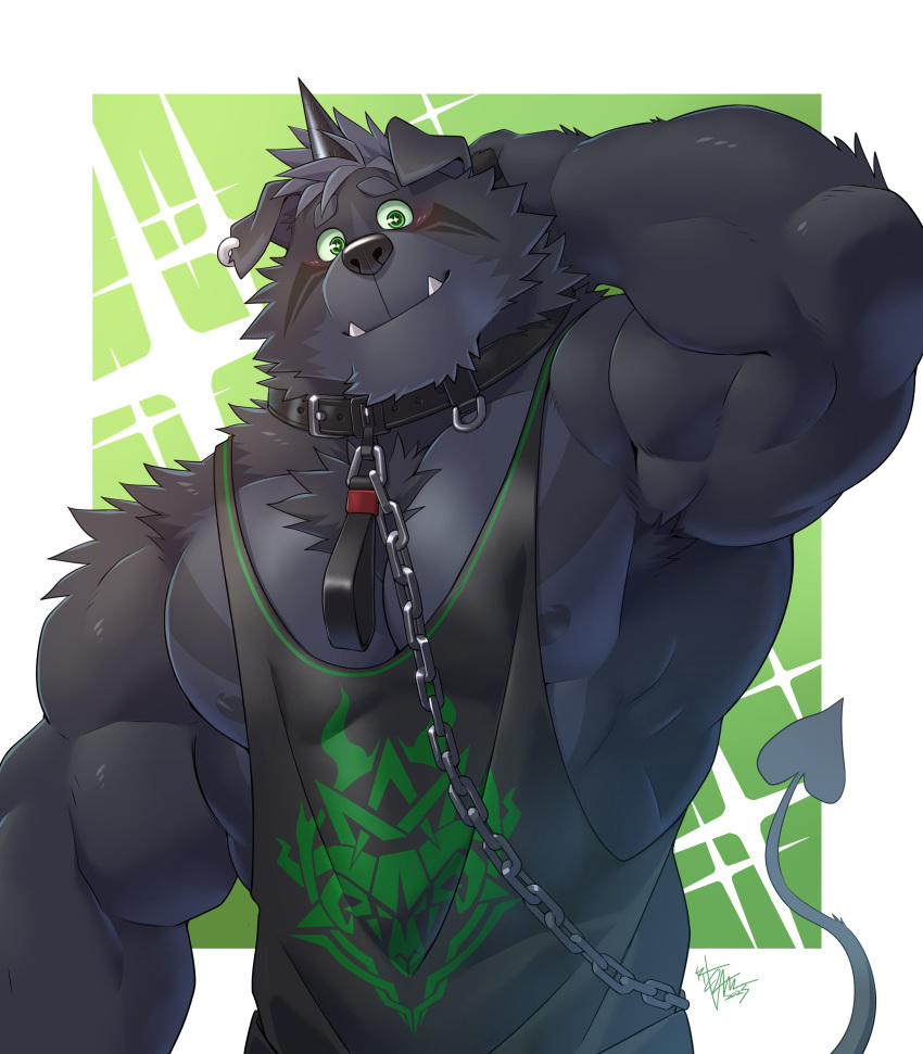 1boy absurdres amduscias_(housamo) animal_collar animal_ear_piercing animal_ears arashi_takemoto arm_behind_head armpit_hair bara black_fur border chains collar demon_tail ear_piercing facial_mark furry furry_male green_eyes highres horns large_pectorals looking_at_viewer male_focus muscular muscular_male nipple_slip nipples outside_border pectorals piercing short_hair signature single_horn smile snout solo sparkle_background stringer tail thick_arms thick_eyebrows tokyo_afterschool_summoners tusks two-tone_fur upper_body white_border