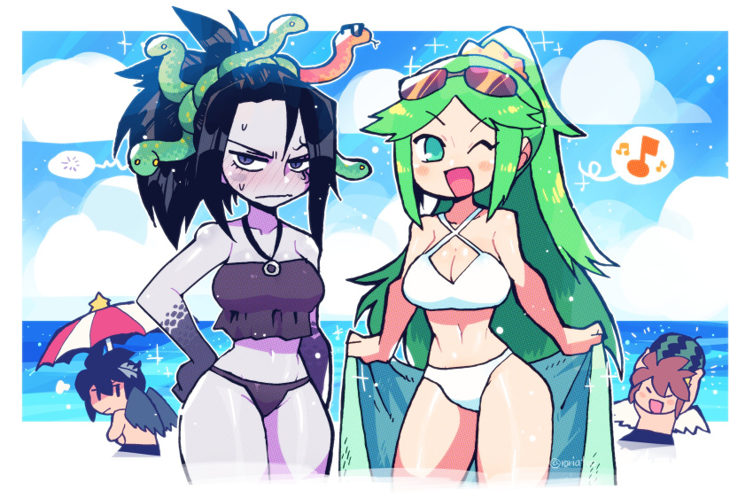 2021 2boys 2girls angel angel_wings beach big_breasts bikini black_hair breasts brown_hair cleavage crap-man dark_pit female female_focus goddess green_hair kid_icarus kid_icarus_uprising long_hair looking_at_viewer male medusa_(kid_icarus) nintendo palutena pit short_hair swimsuit wings