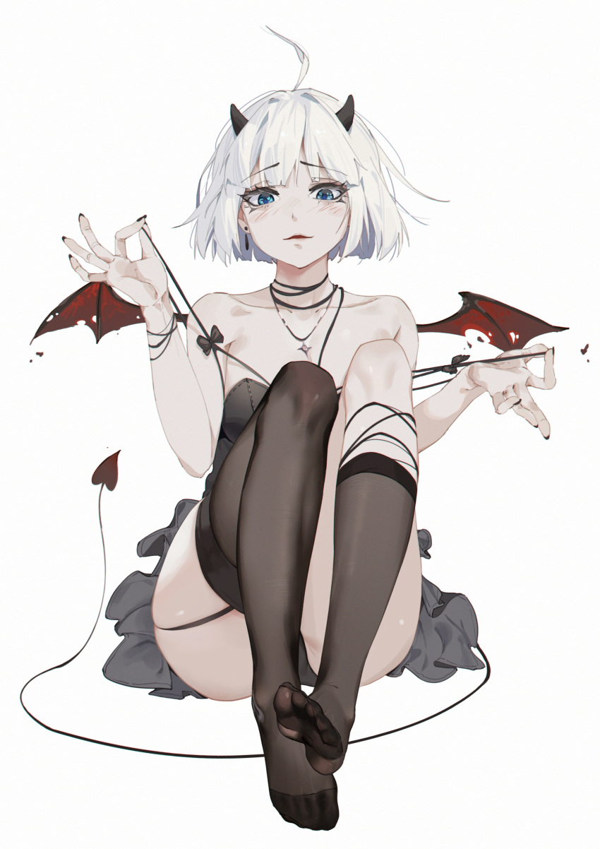 absurdres ahoge asymmetrical_legwear bare_arms bare_shoulders bat_wings black_dress black_socks black_thighhighs blue_eyes blush collarbone cross cross_necklace demon_girl demon_horns demon_tail dress earrings feet female full_body highres horns jewelry kneehighs looking_at_viewer mismatched_legwear necklace pugongying qq_dance red_wings short_dress short_hair simple_background single_earring single_kneehigh single_sock single_thighhigh sitting skindentation small_horns socks solo straight-on tail thighhighs toes torn_wings undressing virtual_youtuber white_background white_hair wings xingtong