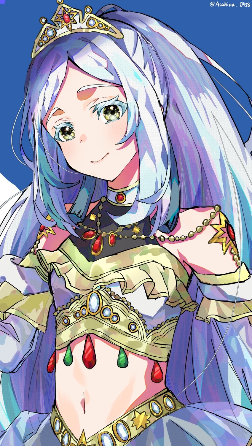 asahina_(asahina_0428) blue_background blue_hair closed_mouth cowboy_shot crop_top dancer female gem gold_trim green_gemstone highres long_hair looking_at_viewer mika_pikazo_(style) multicolored_hair navel pretty_series red_gemstone ryuume_(pretty_series) smile solo standing swept_bangs tiara very_long_hair waccha_primagi! white_hair