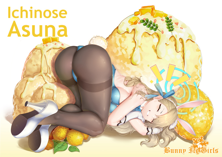 absurdres animal_ear_hairband animal_ears arm_up ass asuna_(blue_archive) asuna_(bunny)_(blue_archive) asymmetrical_bangs black_pantyhose blonde_hair blue_archive blue_halo blue_leotard breasts character_name closed_eyes fake_animal_ears fake_tail female food fruit full_body gloves grin hairband halo high_heels highres ice_cream lemon leotard long_hair official_alternate_costume pantyhose playboy_bunny rabbit_ears rabbit_tail sideboob smile solo tail thighband_pantyhose white_background white_footwear white_gloves white_hairband xg_epee