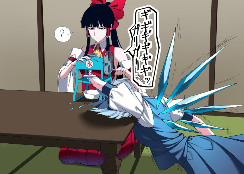 2girls aged_up black_hair blue_hair blue_skirt blue_vest blunt_bangs bow broken_arm cirno cooking death detached_sleeves hair_tubes hairbow hakurei_reimu highres ice ice_shaver ice_wings long_hair multiple_girls nubezon ponytail puffy_short_sleeves puffy_sleeves red_vest seiza short_hair short_sleeves sitting skirt table touhou vest wings