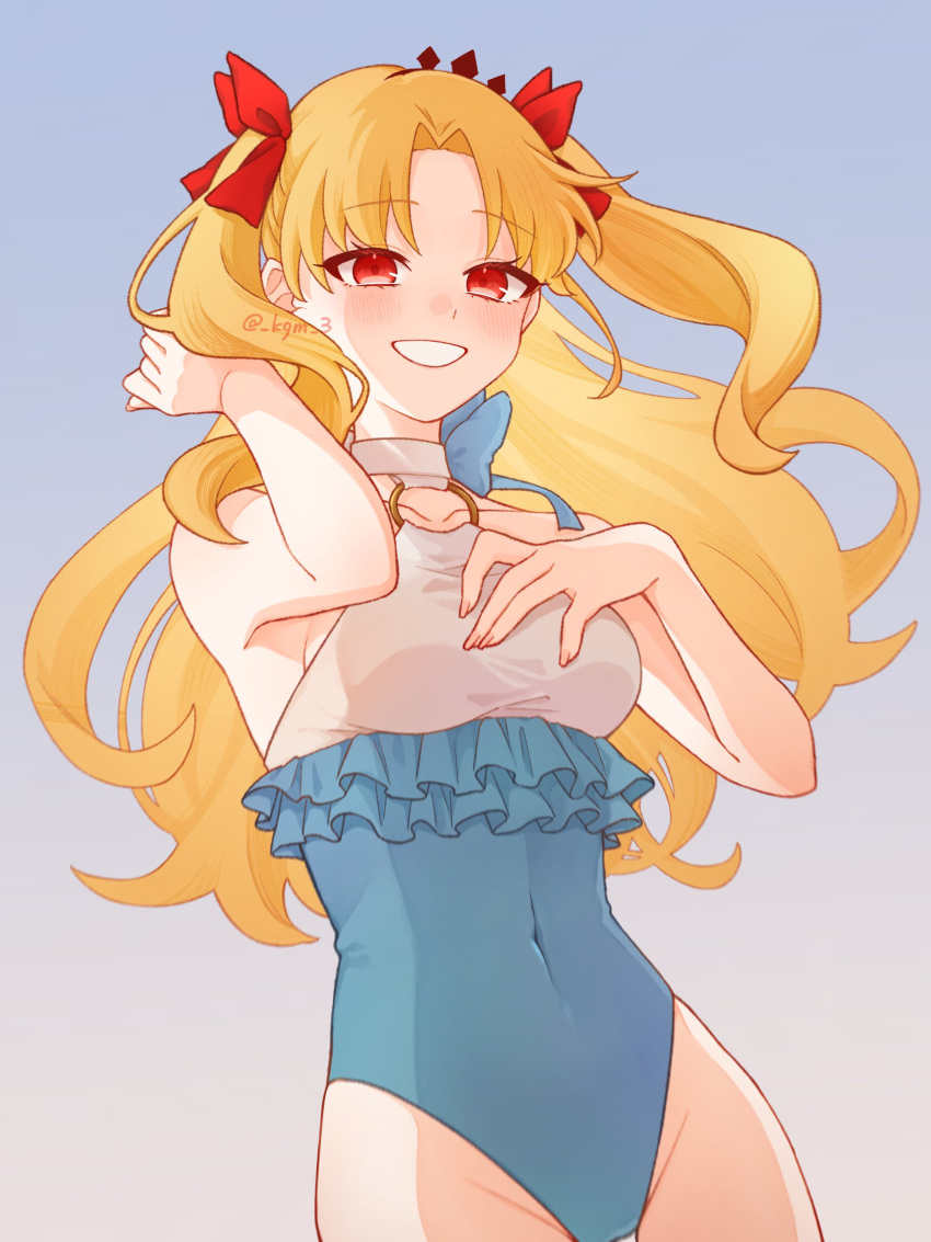 absurdres blonde_hair blue_one-piece_swimsuit bow breasts covered_navel ereshkigal_(fate) fate/grand_order fate_(series) female frilled_one-piece_swimsuit frills hairband hairbow hand_in_own_hair hand_on_own_chest highres kogemu_(kgm_3) o-ring o-ring_swimsuit one-piece_swimsuit red_bow red_eyes smile solo space_ereshkigal_(fate) space_ereshkigal_(first_ascension)_(fate) swimsuit twintails two-tone_swimsuit white_one-piece_swimsuit