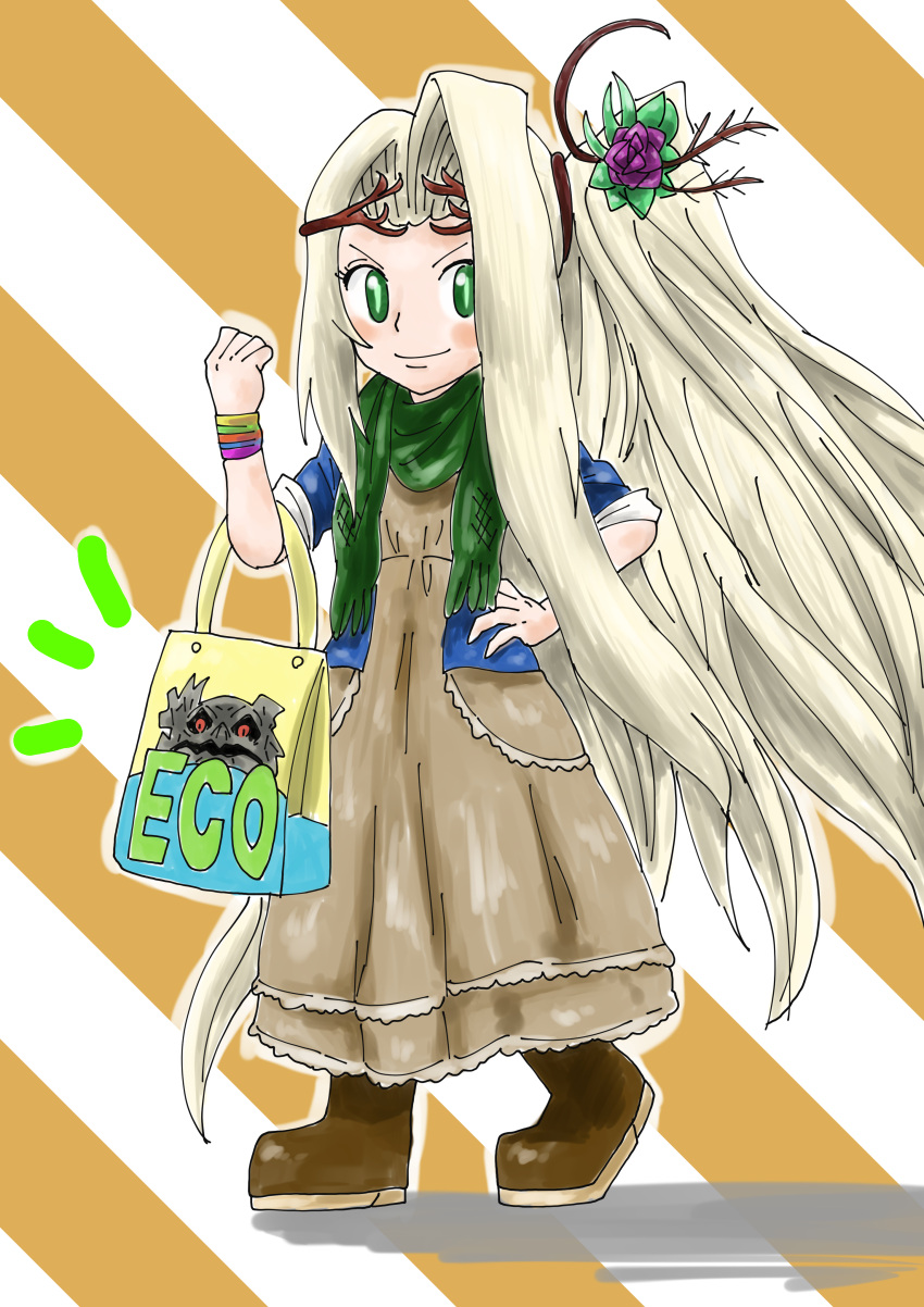 absurdres alternate_costume bag boots brown_dress brown_footwear character_print dress flower full_body green_eyes green_scarf hair_flower hair_ornament highres kicdon kid_icarus kid_icarus_uprising long_hair ponytail purple_flower rokka_(kid_icarus) scarf shopping_bag standing very_long_hair viridi wristband