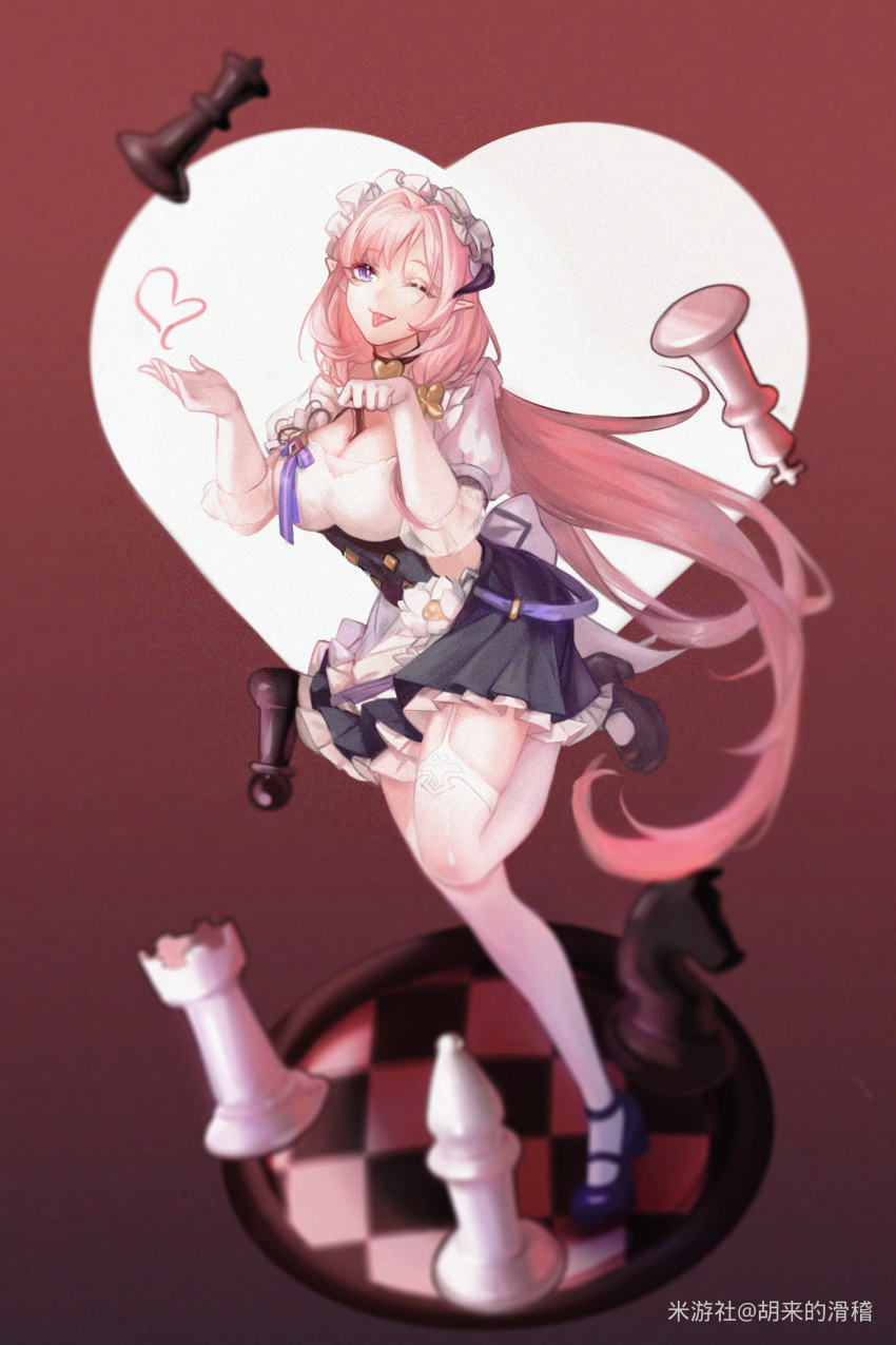 absurdres apron bishop_(chess) black_dress black_footwear blue_eyes breasts chess_piece chessboard cleavage dress elf elysia_(honkai_impact) elysia_(miss_pink)_(honkai_impact) elysia_(miss_pink_elf)_(honkai_impact) fake_horns garter_straps gloves heart heart_background high_heels highres honkai_(series) honkai_impact_3rd horns hulai_de_gou_sheng knight_(chess) large_breasts long_hair looking_at_viewer maid maid_apron maid_headdress one_eye_closed pawn_(chess) pink_hair pointy_ears queen_(chess) red_background rook_(chess) standing standing_on_one_leg thighhighs thighs tongue tongue_out white_apron white_gloves white_thighhighs