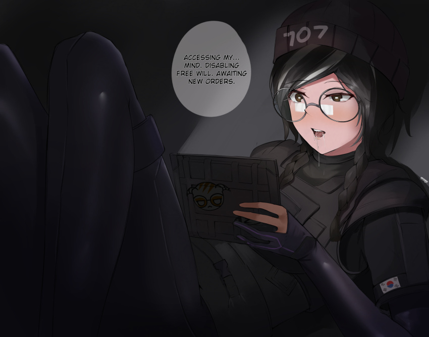 beanie black_eyes black_hair braid dokkaebi_(rainbow_six_siege) drooling eroborne female fingerless_gloves gloves hat highres holding holding_tablet_pc hypnosis legs lying mind_control multicolored_hair on_back open_mouth rainbow_six rainbow_six_siege round_eyewear saliva screen_light simple_background solo tablet_pc tactical_clothes tongue tongue_out twin_braids two-tone_hair white_hair