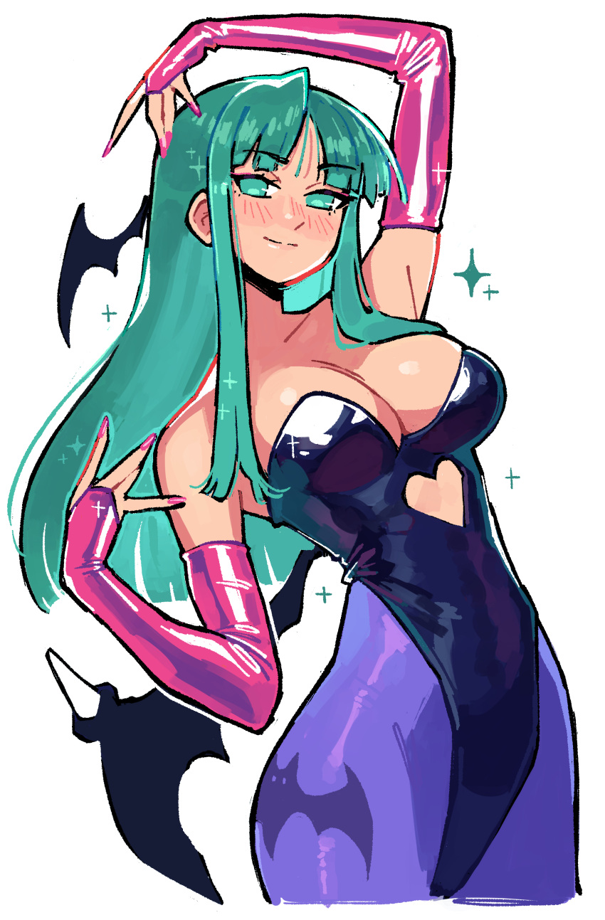 absurdres animal_print aqua_hair bat_print bat_wings black_leotard breasts cleavage clothing_cutout collarbone commentary darkstalkers elbow_gloves english_commentary female fingerless_gloves gloves head_wings heart_cutout highleg highleg_leotard highres kaatokun leotard light_smile long_hair looking_at_viewer morrigan_aensland nail_polish pantyhose pink_gloves pink_nails print_pantyhose purple_pantyhose sidelocks simple_background solo standing white_background wings