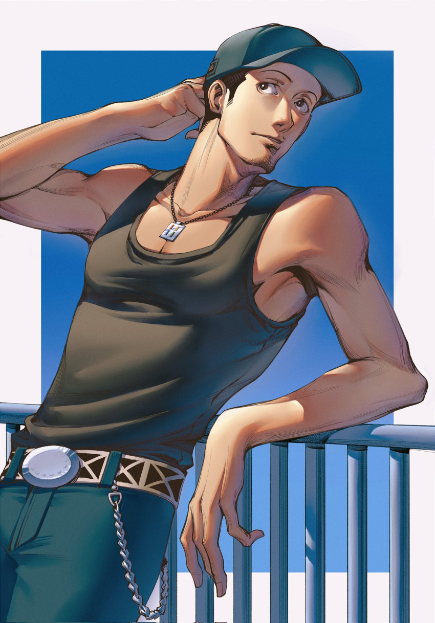 1boy bare_arms bare_shoulders baseball_cap belt black_hair black_tank_top blue_hat blue_pants chains closed_mouth collarbone commentary_request cowboy_shot denim elbow_rest facial_hair hand_up hashtag-only_commentary hat highres iori_junpei jeans jewelry male_focus necklace oldkin outside_border pants persona persona_3 railing short_hair solo tank_top very_short_hair