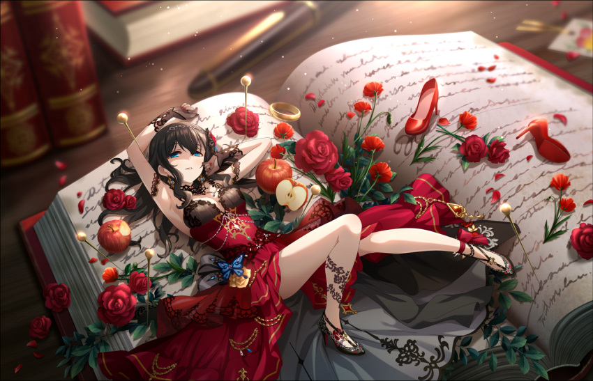 arm_up armpits black_hair blue_eyes book bookmark breasts butterfly_brooch choker cleavage desk dress elbow_gloves female flower gloves hair_between_eyes hairband high_heels idolmaster idolmaster_cinderella_girls idolmaster_cinderella_girls_starlight_stage jewelry lace lace_choker layered_dress leaf long_bangs long_hair looking_at_viewer lying nail_polish official_art on_back open_book open_mouth oversized_object parted_lips petals pin red_dress red_flower red_petals red_rose ring rose rose_petals sagisawa_fumika shoes sleeveless sleeveless_dress solo unworn_shoes