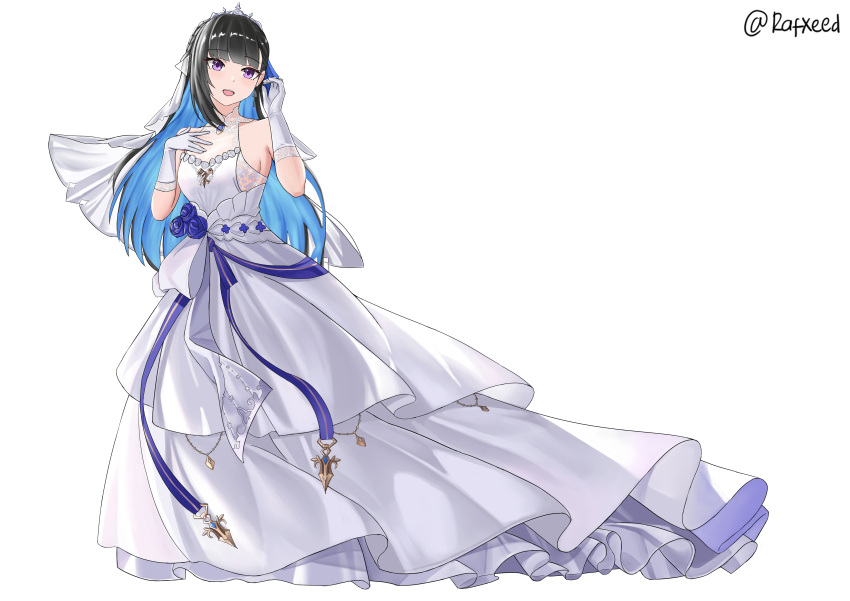 absurdres black_hair blue_hair bridal_veil colored_inner_hair cosplay crown dress female full_body gloves highres multicolored_hair open_mouth punishing:_gray_raven purple_eyes rafxeed rodney_(azur_lane) rodney_(azur_lane)_(cosplay) selena_(punishing:_gray_raven) sleeveless sleeveless_dress solo veil wedding_dress white_background white_dress white_gloves white_veil