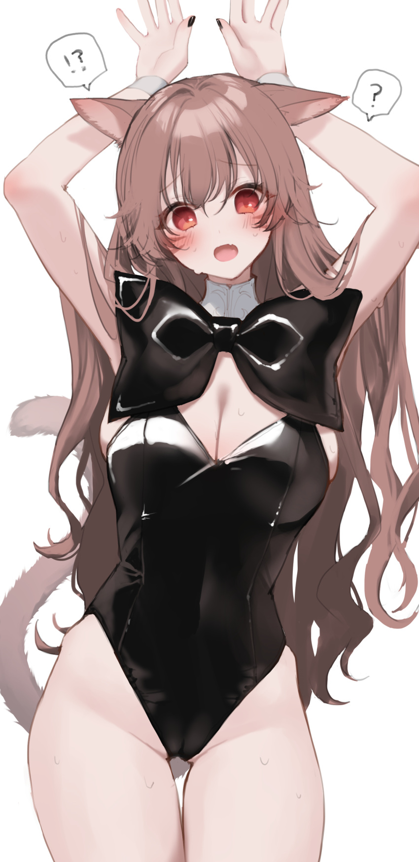 !? ? absurdres animal_ears arms_up black_leotard blush bow bowtie breasts brown_hair cat_ears cat_tail cleavage cowboy_shot facial_mark final_fantasy final_fantasy_xiv highleg highleg_leotard highres kittysuit kurosawa_itsuki large_breasts leotard long_hair miqo'te nontraditional_playboy_bunny oerba_yun_fang open_mouth playboy_bunny skin_fang spoken_question_mark tail thigh_gap whisker_markings white_background